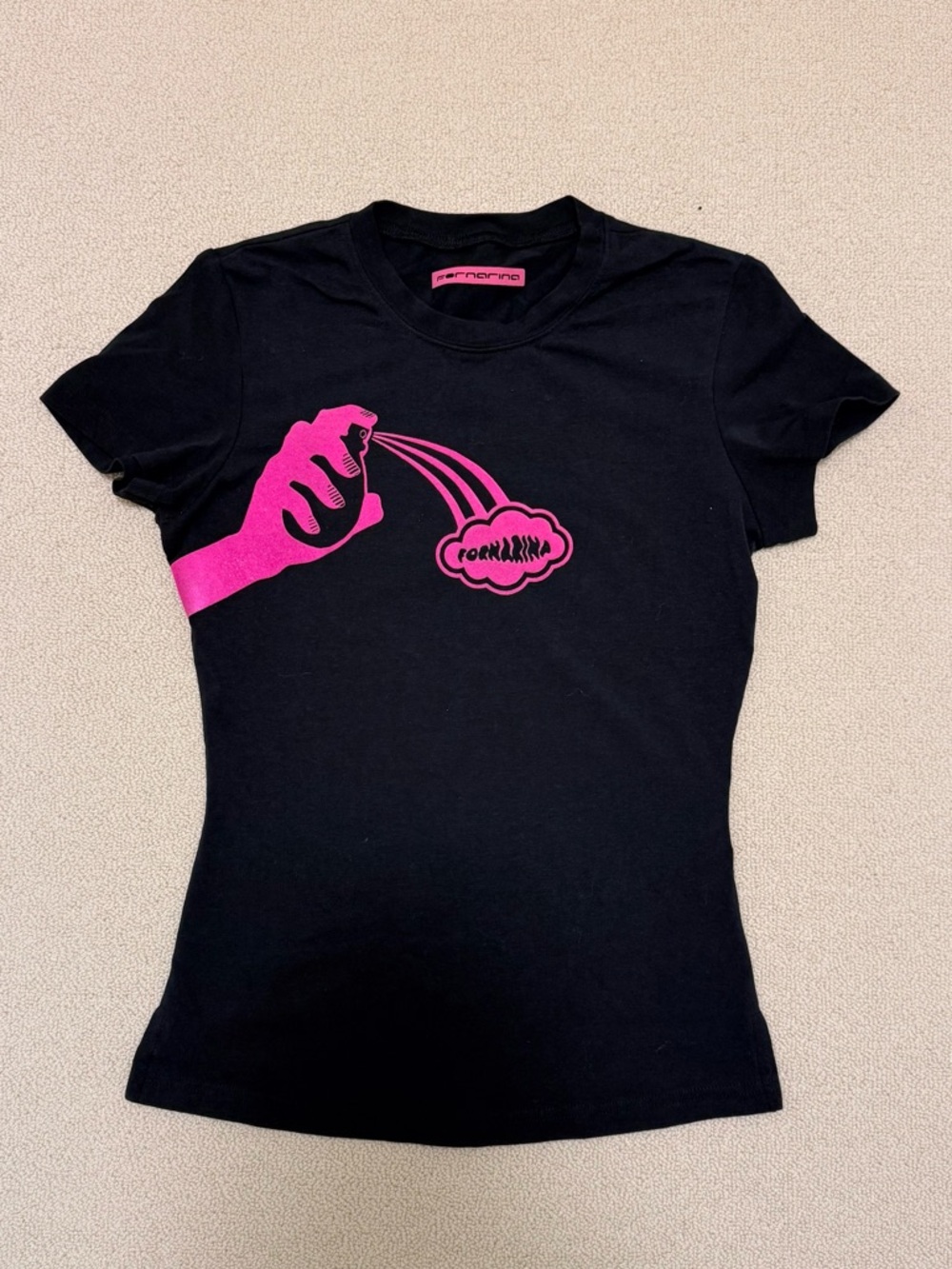 Fornarina Black Cotton T-Shirt with Pink Graphic Print (Size S)